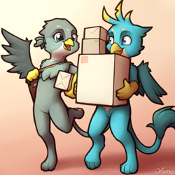 Size: 2000x2000 | Tagged: safe, artist:ohemo, gabby, gallus, griffon, semi-anthro, g4, atg 2020, bipedal, cute, duo, featureless crotch, female, gabbybetes, gallabetes, gradient background, helping, high res, male, newbie artist training grounds, package, paw pads, paws, toe beans, underpaw