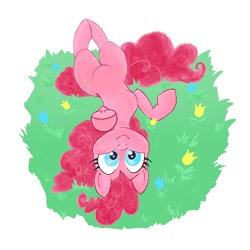 Size: 1024x1024 | Tagged: safe, artist:pfeffaroo, pinkie pie, earth pony, pony, g4, cute, diapinkes, female, flower, grass, looking at you, mare, on back, partial background, pointing, smiling, solo, underhoof, upside down