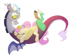 Size: 1024x768 | Tagged: safe, artist:cinnamontee, discord, fluttershy, draconequus, pegasus, pony, g4, the last problem, cute, eyes closed, female, flower, flower in hair, male, mare, older, older fluttershy, prone, ship:discoshy, shipping, simple background, sleeping, straight, transparent background