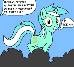 Size: 1000x900 | Tagged: safe, artist:nopony, lyra heartstrings, pony, unicorn, g4, atg 2020, comic, crowd, female, humie, irrational exuberance, jumping, lyra doing lyra things, mare, newbie artist training grounds, portal to equestria, smiling, solo focus, speech bubble, text, that pony sure does love humans