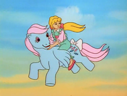 Size: 1200x907 | Tagged: safe, screencap, megan williams, wind whistler, human, pegasus, pony, g1, my little pony 'n friends, the ghost of paradise estate, bow, duo, female, humans riding ponies, mare, riding, tail bow, windswept mane