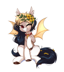Size: 1318x1466 | Tagged: safe, artist:confetticakez, oc, oc only, bat pony, pony, bat pony oc, bat wings, bell, collar, ear fluff, female, floral head wreath, flower, looking at you, mare, one eye closed, simple background, sitting, solo, white background, wings, wink