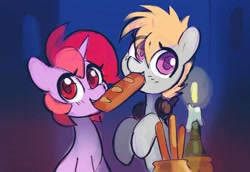 Size: 2176x1500 | Tagged: safe, artist:dawnfire, oc, oc only, oc:cookie malou, oc:dawnfire, earth pony, pony, unicorn, baguette, biting, bread, breadsticks, candle, cute, female, food, headphones, lady and the tramp, mare