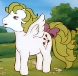 Size: 400x389 | Tagged: safe, screencap, surprise, pegasus, pony, g1, my little pony 'n friends, the great rainbow caper, adoraprise, bow, cropped, cute, female, land, mare, ponyland, smiling, solo, tail bow, talking