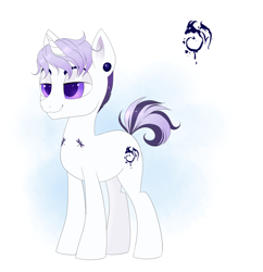 Size: 1882x1947 | Tagged: safe, artist:confetticakez, oc, oc only, oc:dragonfly, pony, unicorn, abstract background, ear piercing, gauges, male, piercing, reference sheet, solo, stallion, tattoo