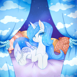 Size: 800x800 | Tagged: safe, artist:amoeba95, oc, oc only, oc:white flare, alicorn, pony, alicorn oc, bed, female, horn, looking at you, mare, on bed, prone, solo, wings
