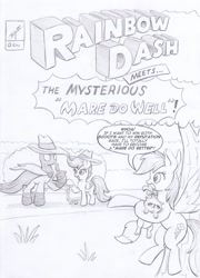 Size: 1024x1422 | Tagged: safe, artist:xeviousgreenii, mare do well, opalescence, rainbow dash, scootaloo, pegasus, pony, g4, the mysterious mare do well, atg 2020, autograph, comic book cover, holding, newbie artist training grounds, opalescence is not amused, scene interpretation, scooter, speech bubble, traditional art, tree