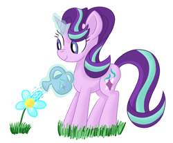 Size: 1574x1302 | Tagged: safe, artist:notadeliciouspotato, starlight glimmer, pony, unicorn, g4, atg 2020, female, flower, grass, magic, mare, newbie artist training grounds, simple background, smiling, solo, telekinesis, watering can, white background
