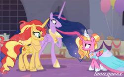 Size: 2029x1254 | Tagged: safe, artist:luna.queex, edit, edited screencap, screencap, luster dawn, sunset shimmer, twilight sparkle, alicorn, pony, g4, the last problem, alicornified, alternate universe, balloon, clothes, dress, ethereal mane, feels, female, hoof shoes, lesbian, lustercorn, mare, married couple, older, older twilight, older twilight sparkle (alicorn), peytral, princess twilight 2.0, race swap, raised hoof, shimmercorn, ship:sunsetsparkle, shipping, starry mane, twilight sparkle (alicorn)