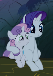 Size: 387x549 | Tagged: safe, screencap, rarity, sweetie belle, pony, unicorn, g4, sleepless in ponyville, belle sisters, cropped, cuddling, cute, diasweetes, duo, female, raribetes, siblings, sisterbetes, sisters, sitting, smiling