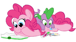 Size: 2000x1100 | Tagged: safe, artist:skookz, pinkie pie, spike, dragon, pony, g4, baby, baby dragon, book, comic book, cute, duo, female, happy, hooves on cheeks, lying down, lying on top of someone, male, mare, prone, reading, simple background, spikabetes, transparent background