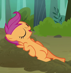 Size: 434x441 | Tagged: safe, screencap, scootaloo, pony, g4, sleepless in ponyville, belly, cropped, cute, cutealoo, eyes closed, female, open mouth, reclining, solo