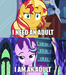 Size: 600x675 | Tagged: safe, edit, edited screencap, screencap, starlight glimmer, sunset shimmer, pony, unicorn, equestria girls, equestria girls specials, g4, mirror magic, bag, bedroom eyes, caption, dialogue, dragon ball, dragonball z abridged, duo, female, flirting, i am an adult, i need an adult, image macro, lesbian, lidded eyes, meme, saddle bag, seductive, seductive look, sexy, ship:shimmerglimmer, shipping, stupid sexy sunset shimmer, team four star, text
