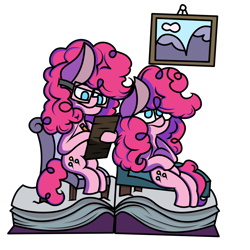 Size: 6000x6000 | Tagged: safe, artist:hymyt2, pinkie pie, earth pony, pony, g4, book, duality, duo, female, glasses, mare, self ponidox, simple background, sitting, transparent background, writing