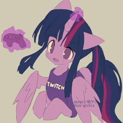 Size: 2000x2000 | Tagged: safe, artist:moyasi, twilight sparkle, alicorn, pony, g4, alternate hairstyle, clothes, controller, female, glowing horn, high res, horn, magic, open mouth, shirt, simple background, solo, telekinesis, twilight sparkle (alicorn), twitch