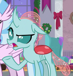 Size: 591x616 | Tagged: safe, screencap, ocellus, silverstream, changedling, changeling, g4, the hearth's warming club, angry, cropped, curved horn, female, horn, ocellus is not amused, offscreen character, open mouth, raised eyebrow, raised hoof, solo focus, teenager, unamused