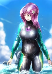 Size: 2893x4092 | Tagged: safe, artist:oberon826, fluttershy, human, equestria girls, equestria girls series, g4, breasts, busty fluttershy, clothes, female, fluttershy's wetsuit, geode of fauna, magical geodes, solo, summer, swimsuit, wet, wetsuit