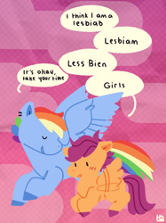 Size: 674x899 | Tagged: safe, artist:beetlefruit, rainbow dash, scootaloo, pegasus, pony, g4, colored hooves, cute, cutealoo, dashabetes, dialogue, duo, female, filly, flying, implied lesbian, lesbian pride flag, mare, pride, pride flag, scootaloo can fly
