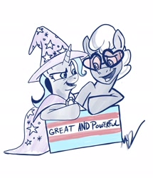 Size: 1764x2048 | Tagged: safe, artist:michael vogel, artist:mktoon, blue peeler, trixie, oc, earth pony, pony, g4, cape, clothes, earth pony oc, female, glasses, hat, official fan art, pride, pride flag, simple background, text, trans female, trans trixie, transgender, transgender pride flag, trixie's cape, trixie's hat, white background