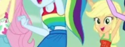 Size: 760x285 | Tagged: safe, screencap, applejack, fluttershy, rainbow dash, sci-twi, twilight sparkle, equestria girls, g4, i'm on a yacht, my little pony equestria girls: better together, armpits, arms in the air, clothes, cropped, dress, female, hands in the air, low quality, offscreen character, sleeveless, sleeveless dress, tank top