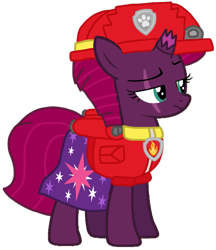 Size: 917x1063 | Tagged: safe, artist:徐詩珮, fizzlepop berrytwist, tempest shadow, pony, unicorn, series:sprglitemplight diary, series:sprglitemplight life jacket days, series:springshadowdrops diary, series:springshadowdrops life jacket days, g4, alternate universe, broken horn, clothes, cute, cutie mark, cutie mark on clothes, dress, eye scar, eyelashes, female, helmet, horn, mare, marshall (paw patrol), paw patrol, paw prints, scar, simple background, solo, tempest shadow is not amused, transparent background, unamused