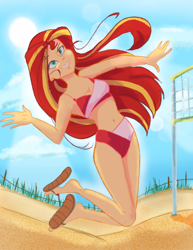 Size: 2550x3300 | Tagged: dead source, safe, artist:pettypop, sunset shimmer, human, g4, beach, belly button, breasts, cleavage, clothes, feet, female, high res, humanized, midriff, sandals, shoe dangling, solo, sports, swimsuit, two-piece swimsuit, volleyball
