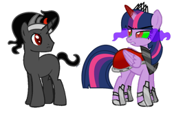Size: 1024x696 | Tagged: safe, artist:casey-the-unicorn, artist:colorfulpalet, artist:katsubases, king sombra, twilight sparkle, alicorn, pony, unicorn, g4, alternate universe, bevor, boots, chestplate, colored horn, consumed by dark magic, consumed by magic, corrupted, corrupted twilight sparkle, crown, dark, dark magic, dark queen, duo, female, good king sombra, gorget, horn, jewelry, magic, male, possessed, queen twilight, queen twilight sparkle, regalia, shoes, simple background, sombra eyes, sombra horn, sombra's cape, sombra's robe, story included, summary included, tiara, transparent background, twilight is anakin, twilight sparkle (alicorn), tyrant sparkle