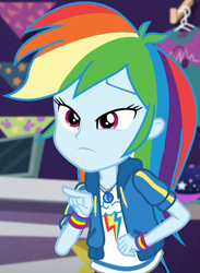 Size: 698x954 | Tagged: safe, screencap, rainbow dash, dashing through the mall, equestria girls, equestria girls specials, g4, my little pony equestria girls: better together, my little pony equestria girls: holidays unwrapped, canterlot mall, clothes, cloud, cropped, cute, dashabetes, female, geode of super speed, hoodie, jacket, jewelry, lidded eyes, magical geodes, multicolored hair, necklace, pants, pockets, pointing, rainbow hair, shirt, short sleeves, store, t-shirt, thunderbolt, wristband