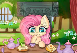 Size: 5787x3996 | Tagged: safe, artist:janelearts, fluttershy, pony, g4, absurd resolution, cake, cheese, cute, female, food, shyabetes, solo, teapot