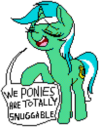 Size: 816x1040 | Tagged: safe, artist:coinpo, artist:ziggurat vertigo, lyra heartstrings, pony, unicorn, g4, bronybait, dialogue, eyes closed, fact, female, manepxls, mare, open mouth, pixel art, pxls.space, raised hoof, simple background, smiling, smug, solo, speech bubble, standing, talking, talking to viewer, transparent background