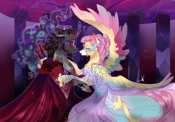 Size: 2160x1500 | Tagged: safe, artist:bunnari, fluttershy, king sombra, pony, g4, bipedal, clothes, dancing, dress, female, indoors, male, ship:sombrashy, shipping, straight