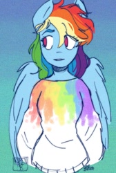 Size: 500x746 | Tagged: safe, artist:latiatonta, rainbow dash, anthro, g4, clothes, female, gradient background, no pupils, redraw, solo, sweater