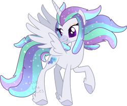 Size: 2465x2070 | Tagged: safe, artist:lovelikelies, oc, oc only, oc:princess borealis, alicorn, hippogriff, hybrid, pony, agender, base used, flowing mane, high res, interspecies offspring, magical lesbian spawn, next generation, offspring, parent:princess celestia, parent:queen novo, parents:novolestia, simple background, solo, sparkles, transparent background