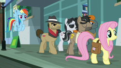 Size: 1920x1080 | Tagged: safe, screencap, biff, doctor caballeron, fluttershy, rainbow dash, rogue (g4), withers, earth pony, pegasus, pony, daring doubt, g4, female, henchmen, male, mare, stallion