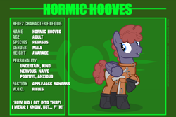 Size: 6000x4000 | Tagged: safe, artist:estories, oc, oc only, oc:hormic hooves, pegasus, pony, fallout equestria, g4, absurd resolution, applejack rangers, fallout, lip bite, male, reference sheet, revenant — fallout equestria 2, solo, stallion