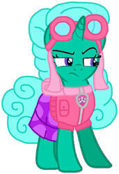Size: 721x1052 | Tagged: safe, artist:徐詩珮, glitter drops, pony, unicorn, series:sprglitemplight diary, series:sprglitemplight life jacket days, series:springshadowdrops diary, series:springshadowdrops life jacket days, g4, alternate universe, clothes, cute, dress, eyelashes, female, frown, glitter drops is not amused, glitterbetes, goggles, mare, paw patrol, simple background, skye (paw patrol), solo, transparent background, unamused