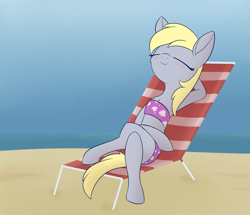 Size: 1665x1431 | Tagged: safe, artist:dusthiel, derpy hooves, pony, g4, atg 2020, beach, beach chair, bikini, chair, clothes, cute, derpabetes, eyes closed, female, mare, newbie artist training grounds, outdoors, reclining, solo, swimsuit, water