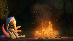 Size: 3840x2160 | Tagged: safe, artist:freasaloz, fluttershy, pony, g4, 3d, campfire, female, fire, high res, night, solo, source filmmaker