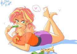Size: 1000x700 | Tagged: safe, artist:sozglitch, ray, sunset shimmer, gecko, leopard gecko, equestria girls, barefoot, bedroom eyes, big breasts, blushing, breasts, busty sunset shimmer, cleavage, clothes, crossed legs, feet, female, humans doing horse things, looking down, lying down, sunset wants her old digestive system back, the pose