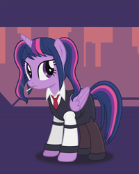 Size: 3578x4466 | Tagged: safe, artist:anime-equestria, twilight sparkle, alicorn, pony, g4, alternate hairstyle, bartender, cigarette, clothes, crossover, cyberpunk, female, horn, mare, necktie, retro, skirt, skyline, smoking, solo, twilight sparkle (alicorn), va-11 hall-a: cyberpunk bartender action, waistcoat, wings