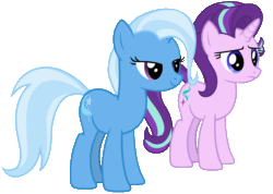Size: 1200x856 | Tagged: safe, artist:sasha-flyer, starlight glimmer, trixie, pony, unicorn, g4, animated, duo, female, floppy ears, gif, looking at each other, mare, simple background, smiling, transparent background, vector