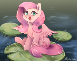 Size: 2500x2000 | Tagged: safe, artist:buttersprinkle, fluttershy, pegasus, pony, g4, chest fluff, cute, daaaaaaaaaaaw, female, high res, lake, lilypad, open mouth, pond, shyabetes, sitting, solo, tiny, tiny ponies