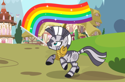Size: 3800x2500 | Tagged: safe, artist:oyks, zecora, pony, zebra, bracelet, commission, cute, ear piercing, earring, female, gay pride flag, jewelry, lgbt, lgbt flag, lgbt headcanon, mouth hold, neck rings, piercing, pride, pride flag, pride month, rainbow flag, raised hoof, raised leg, running, solo, ych result, zecorable