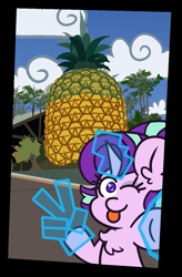 Size: 841x1279 | Tagged: safe, artist:threetwotwo32232, starlight glimmer, pony, unicorn, g4, female, food, hand, magic, magic hands, mare, newbie artist training grounds, phone, photo, pineapple, that pony sure does love pineapples, the big pineapple