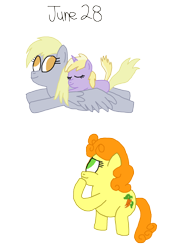 Size: 1280x1865 | Tagged: safe, artist:horroraceman93, carrot top, derpy hooves, dinky hooves, golden harvest, earth pony, pegasus, pony, unicorn, g4, cutie mark, derp, dinky riding derpy, female, filly, flying, mare, mother and daughter, ponies riding ponies, pride month, riding, ship:derpytop, shipping, sleeping, trio
