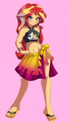 Size: 2315x4096 | Tagged: safe, artist:nin10ja, sunset shimmer, human, equestria girls, g4, my little pony equestria girls: better together, belly button, bikini, blushing, clothes, cute, feet, female, flip-flops, high res, humanized, looking at you, midriff, sandals, sarong, shimmerbetes, solo, summer sunset, sunset shimmer swimsuit, sunset shimmer's beach shorts swimsuit, swimsuit, toes