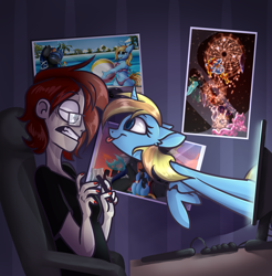 Size: 1864x1897 | Tagged: safe, artist:german_frey, artist:pridark, artist:quasafox, artist:silvensien, oc, oc:skydreams, human, pony, unicorn, 4th wall break, :p, breaking the fourth wall, commission, desk, drawing tablet, duo, female, glasses, human female, mare, monitor, nail polish, painted nails, poster, shocked, tongue out, ych result