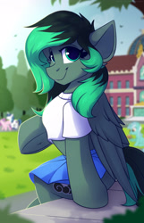 Size: 1350x2100 | Tagged: safe, artist:shadowreindeer, lyra heartstrings, princess cadance, shining armor, oc, oc only, oc:lunar thunder, pegasus, pony, g4, clothes, commission, cute, cutie mark, looking at you, skirt, wings, ych result
