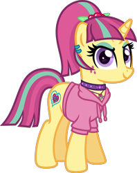 Size: 5000x6298 | Tagged: safe, artist:n0kkun, sour sweet, pony, unicorn, g4, choker, clothes, commission, disguise, disguised changeling, ear piercing, earring, equestria girls ponified, eyeshadow, female, freckles, hoodie, jewelry, makeup, mare, necklace, piercing, ponified, simple background, solo, spiked choker, transparent background