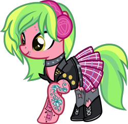 Size: 6000x5816 | Tagged: safe, artist:n0kkun, lemon zest, earth pony, pony, g4, belt, boots, choker, clothes, commission, ear piercing, earring, equestria girls ponified, eyebrow piercing, eyeshadow, female, headphones, jacket, jewelry, leather jacket, lip piercing, makeup, mare, nose piercing, piercing, ponified, raised hoof, shoes, simple background, skirt, socks, solo, spiked choker, stockings, tattoo, thigh highs, torn clothes, transparent background